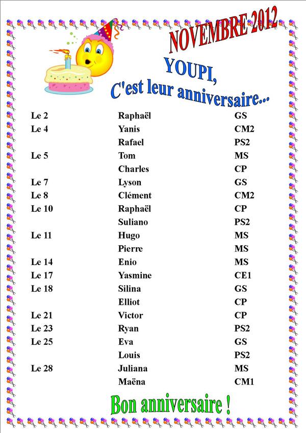 Anniversaires du mois de Novembre 2012 Ecole Sainte Marie Pie X