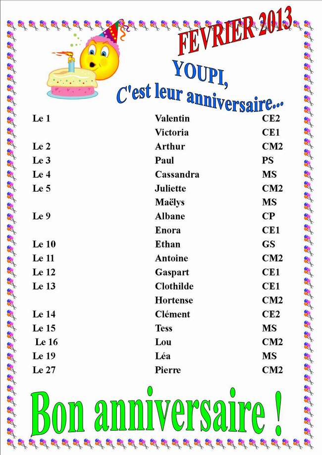 Les Anniversaires Du Mois De Fevrier 13 Ecole Sainte Marie Pie X