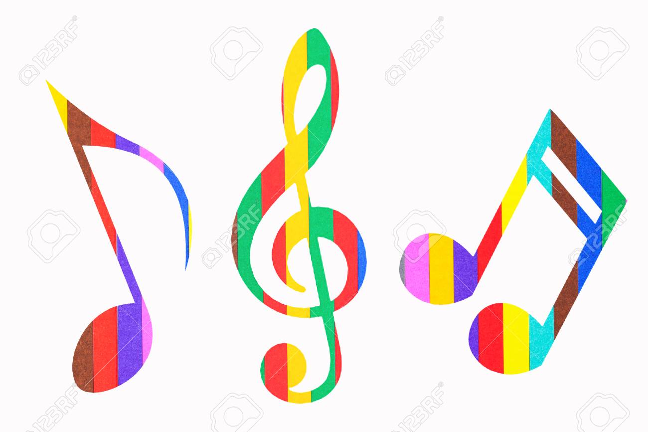 Music note symbol colorful papers background. Rainbow music note Ecole Sainte Marie Pie X