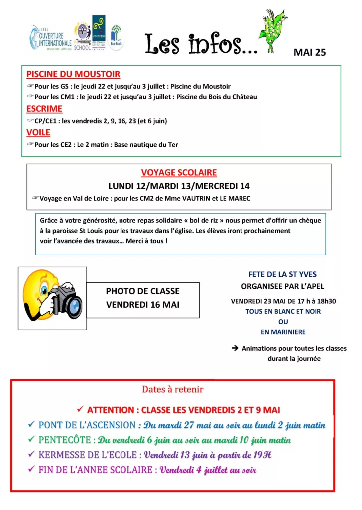 Les infos du mois de Mai dans l'école