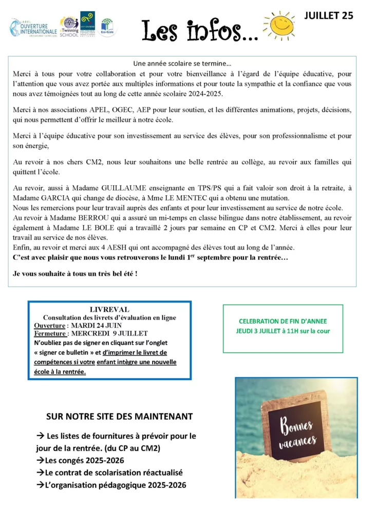 Les infos de votre école en juillet